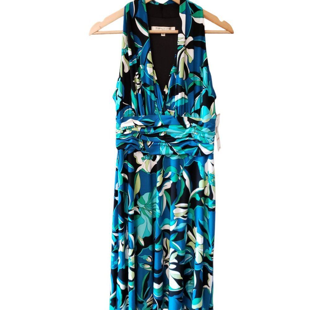 Evan Picone Jersey Knit Halter Dress Size 12 P NWT Black Blue Green Large Floral